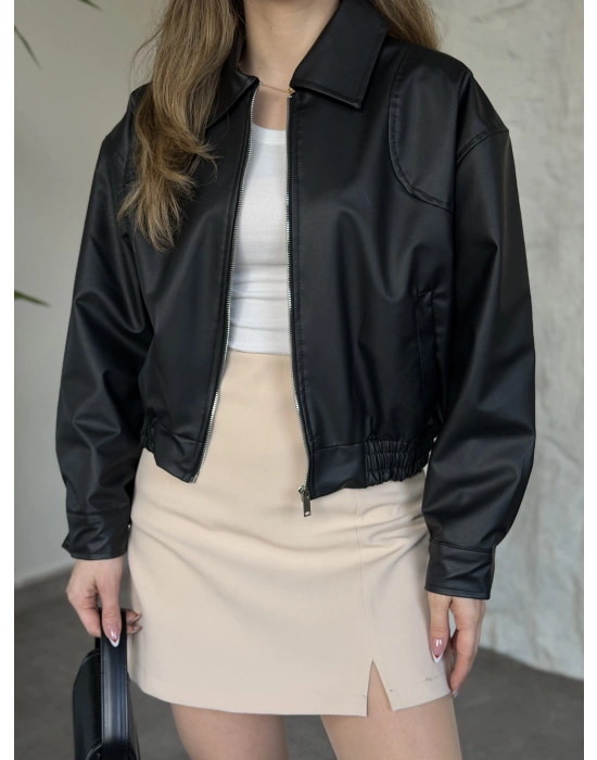Beli lastikli rahat kesim fermuarlı deri ceket siyah