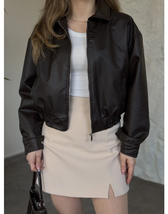 Beli lastikli rahat kesim fermuarlı deri ceket kahve