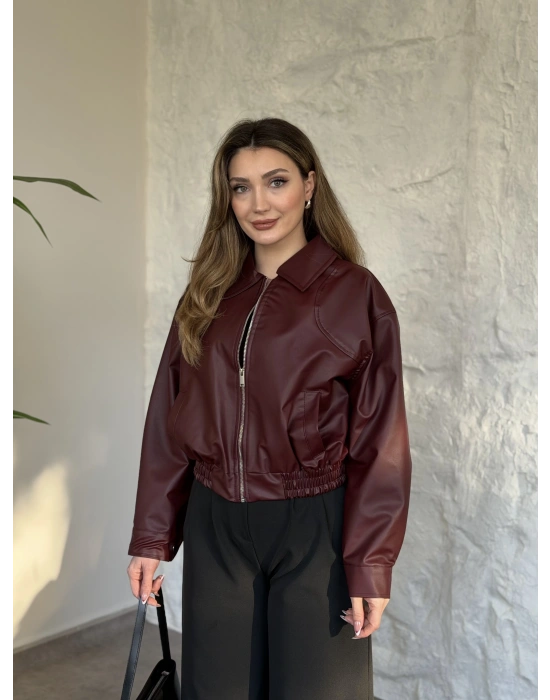 Beli lastikli rahat kesim fermuarlı deri ceket bordo