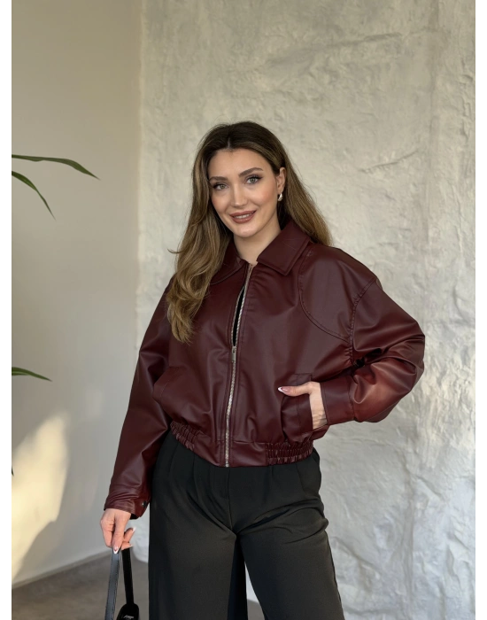Beli lastikli rahat kesim fermuarlı deri ceket bordo