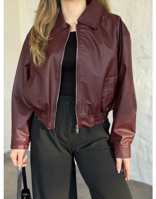 Beli lastikli rahat kesim fermuarlı deri ceket bordo