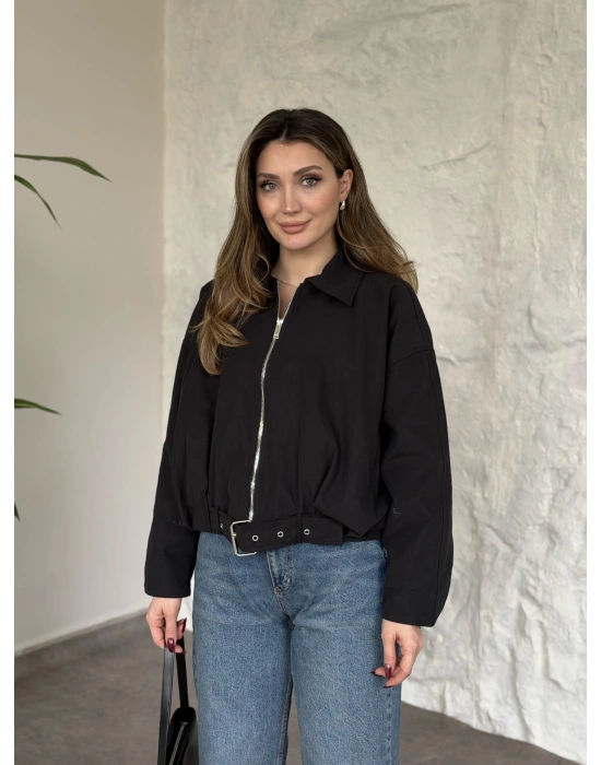 Premium kalite Torino kumaş beli kemerli trenç ceket siyah