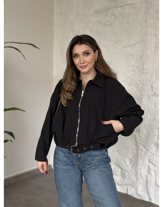 Premium kalite Torino kumaş beli kemerli trenç ceket siyah