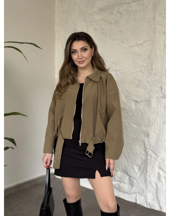 Premium kalite Torino kumaş beli kemerli trenç ceket yeşil