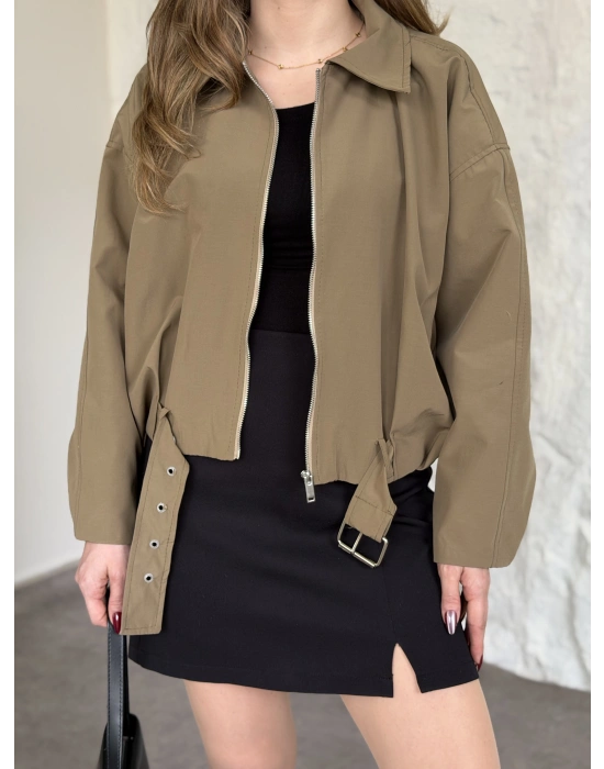 Premium kalite Torino kumaş beli kemerli trenç ceket yeşil