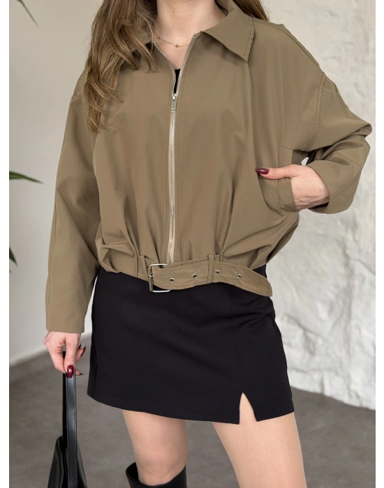 Premium kalite Torino kumaş beli kemerli trenç ceket yeşil