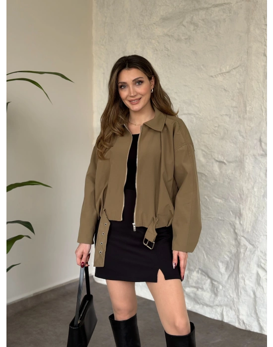 Premium kalite Torino kumaş beli kemerli trenç ceket yeşil