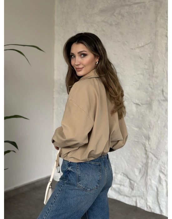 Premium kalite Torino kumaş beli kemerli trenç ceket bej