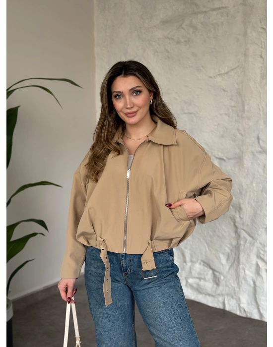 Premium kalite Torino kumaş beli kemerli trenç ceket bej