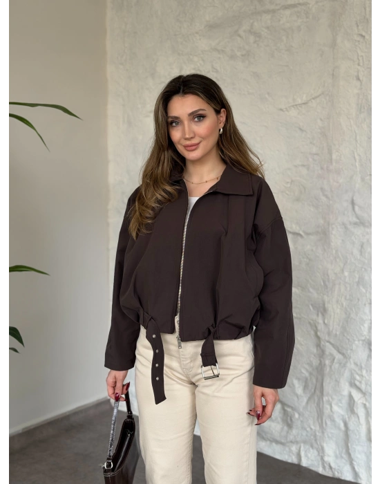 Premium kalite Torino kumaş beli kemerli trenç ceket kahve