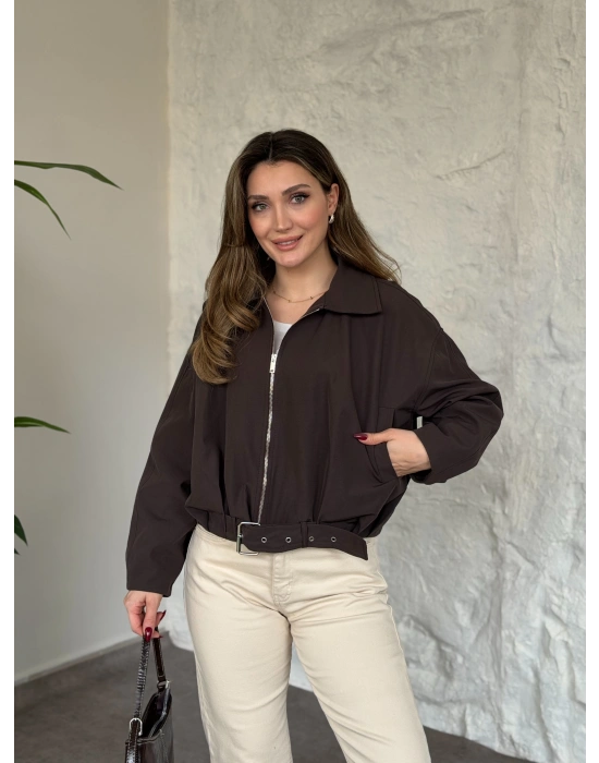 Premium kalite Torino kumaş beli kemerli trenç ceket kahve