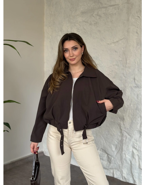 Premium kalite Torino kumaş beli kemerli trenç ceket kahve