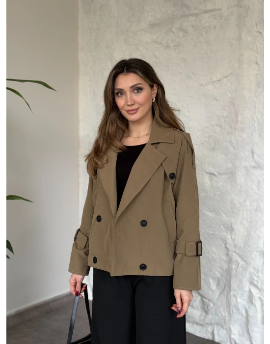 Premium kalite Torino kumaş kruvaze model kolları kemerli trenç yeşil