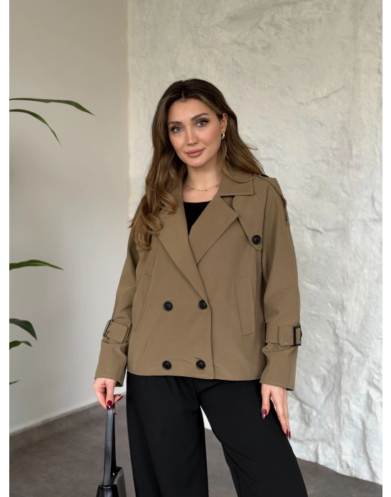 Premium kalite Torino kumaş kruvaze model kolları kemerli trenç yeşil