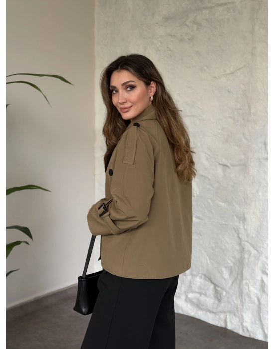 Premium kalite Torino kumaş kruvaze model kolları kemerli trenç yeşil