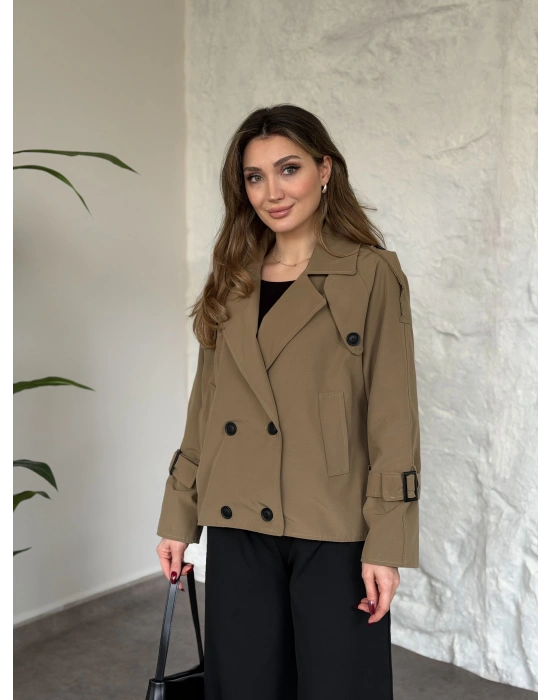 Premium kalite Torino kumaş kruvaze model kolları kemerli trenç yeşil