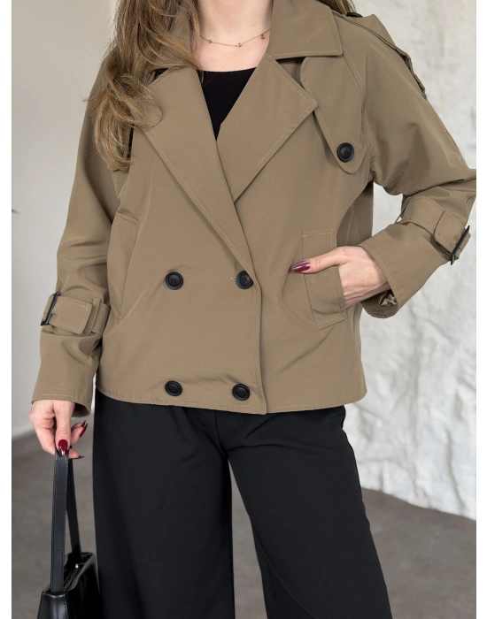 Premium kalite Torino kumaş kruvaze model kolları kemerli trenç yeşil