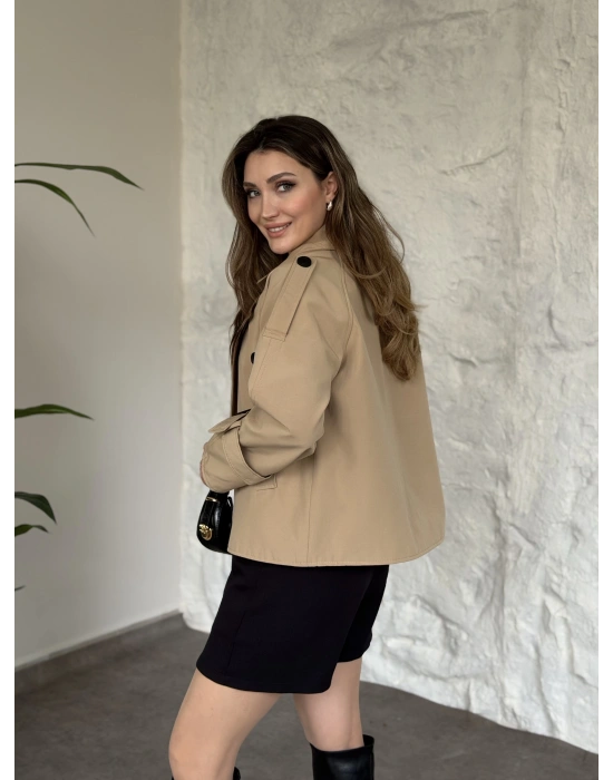 Premium kalite Torino kumaş kruvaze model kolları kemerli trenç bej