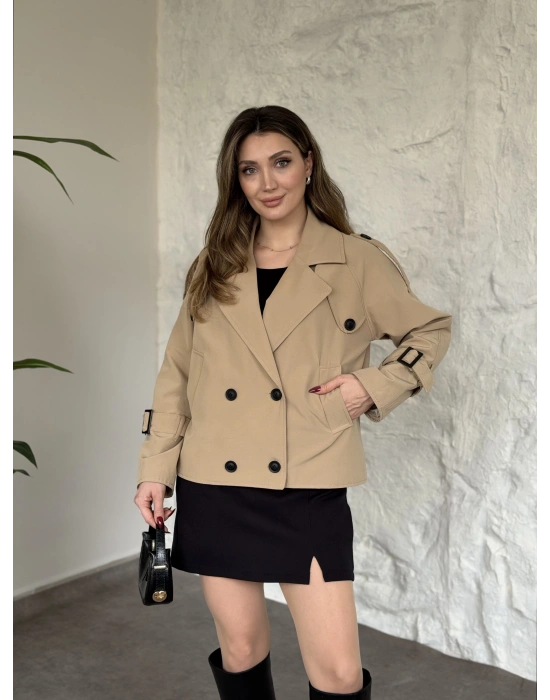 Premium kalite Torino kumaş kruvaze model kolları kemerli trenç bej