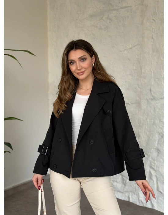 Premium kalite Torino kumaş kruvaze model kolları kemerli trenç siyah