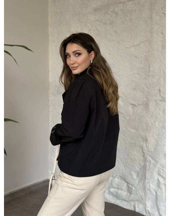 Premium kalite Torino kumaş kruvaze model kolları kemerli trenç siyah