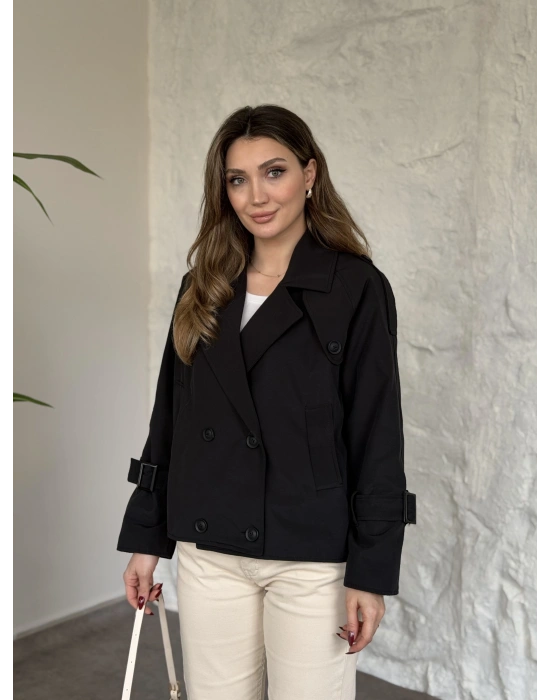 Premium kalite Torino kumaş kruvaze model kolları kemerli trenç siyah