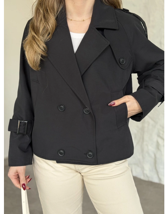 Premium kalite Torino kumaş kruvaze model kolları kemerli trenç siyah