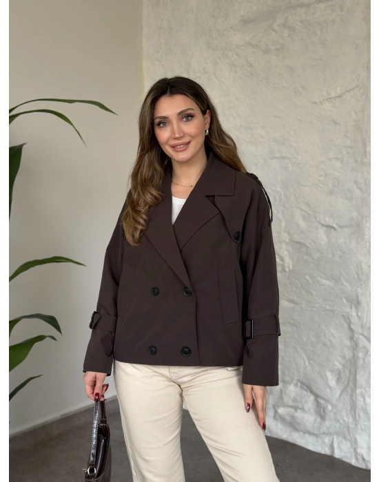 Premium kalite Torino kumaş kruvaze model kolları kemerli trenç kahve