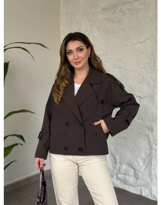 Premium kalite Torino kumaş kruvaze model kolları kemerli trenç kahve