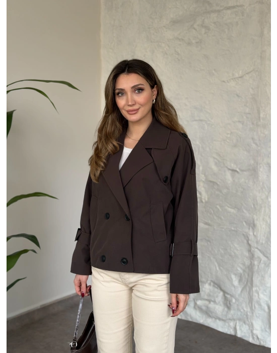 Premium kalite Torino kumaş kruvaze model kolları kemerli trenç kahve