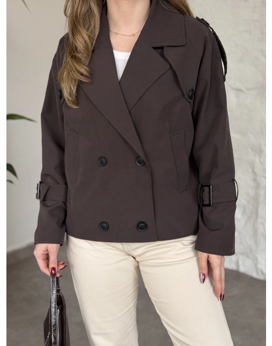 Premium kalite Torino kumaş kruvaze model kolları kemerli trenç kahve