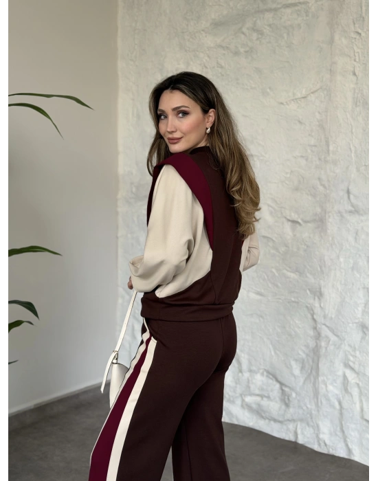 Vatkalı 3 renk eşofman takımı kahve