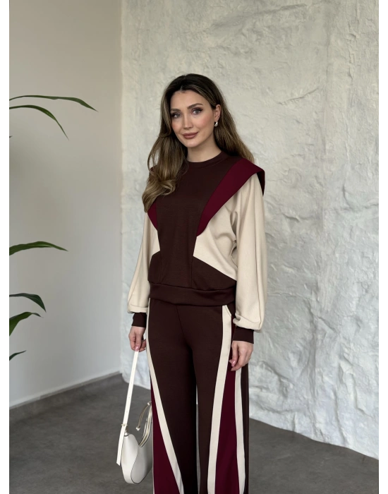 Vatkalı 3 renk eşofman takımı kahve