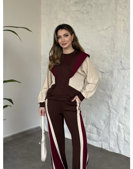 Vatkalı 3 renk eşofman takımı kahve