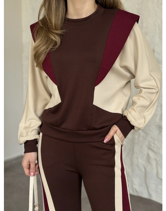 Vatkalı 3 renk eşofman takımı kahve