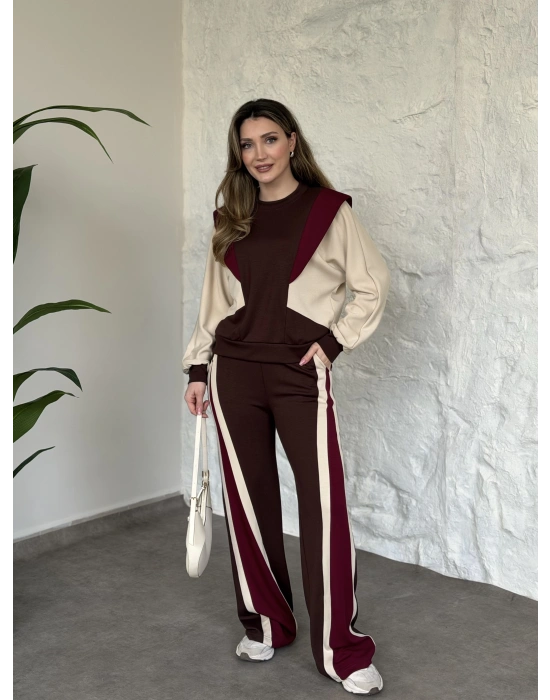 Vatkalı 3 renk eşofman takımı kahve