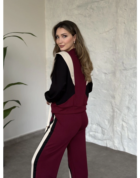 Vatkalı 3 renk eşofman takımı bordo