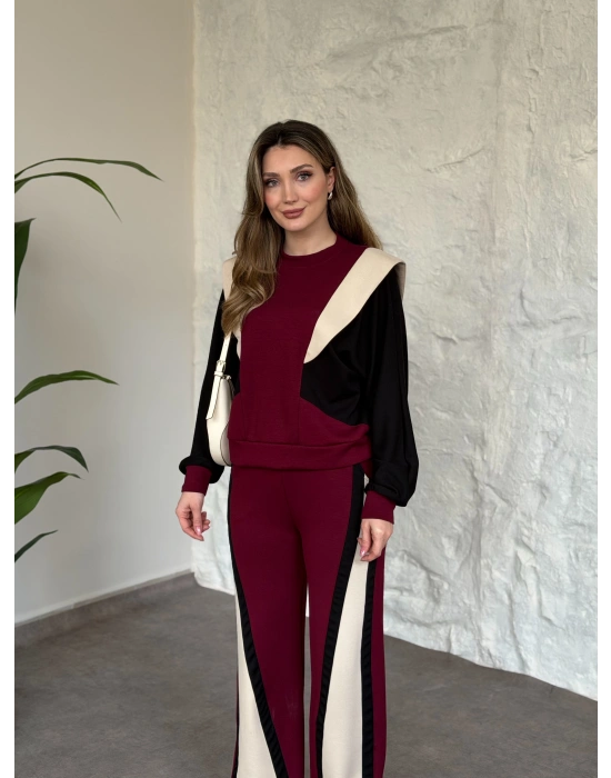 Vatkalı 3 renk eşofman takımı bordo