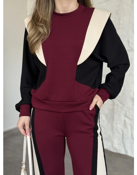 Vatkalı 3 renk eşofman takımı bordo