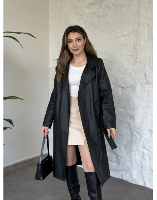 Uzun belinden kuşaklı deri trenç