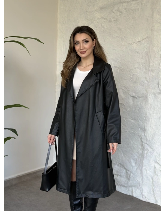 Uzun belinden kuşaklı deri trenç