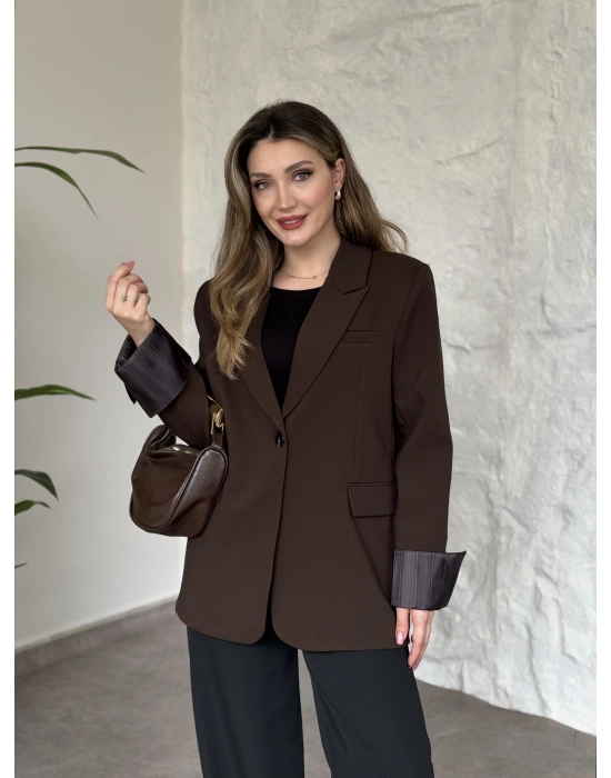 Kolu saten şerit detaylı blazer ceket kahve