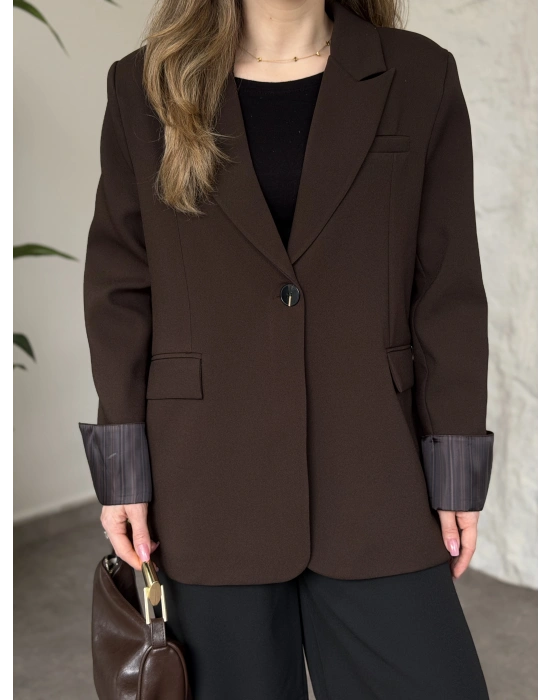 Kolu saten şerit detaylı blazer ceket kahve