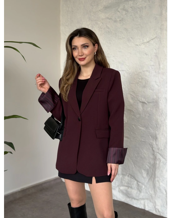 Kolu saten şerit detaylı blazer ceket bordo