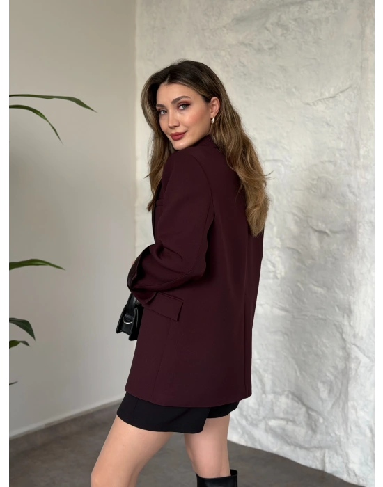 Kolu saten şerit detaylı blazer ceket bordo