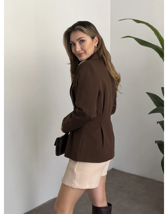 Tek düğme belden oturan blazer ceket kahve