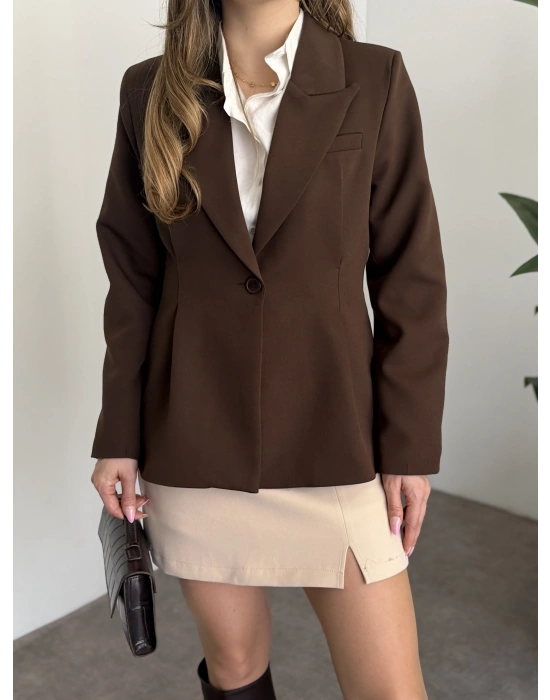Tek düğme belden oturan blazer ceket kahve