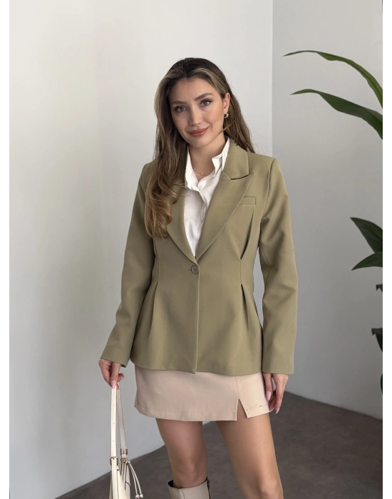 Tek düğme belden oturan blazer ceket yeşil