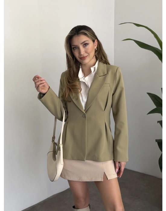 Tek düğme belden oturan blazer ceket yeşil