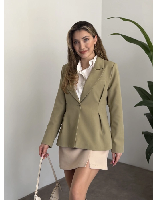 Tek düğme belden oturan blazer ceket yeşil